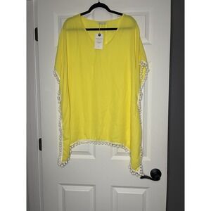 Adreamly Chiffon Pom Pom Trim Kafton swimsuit coverup yellow  medium NWT